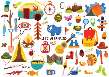 Big set of camping elements and cute animals in hand drawn style. Summer collection with camping equipment.のイラスト素材