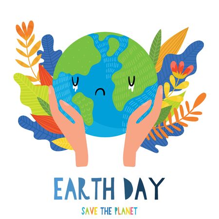 World Earth day concept.Cartoon Earth globe postcard. Earth dayon white background.のイラスト素材