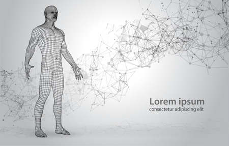 3D Polygons Human on Abstract Space Background with Connecting Dots and Linesのイラスト素材