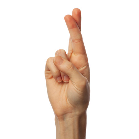 Finger spelling letter R in American Sign Language on white background. ASL concept