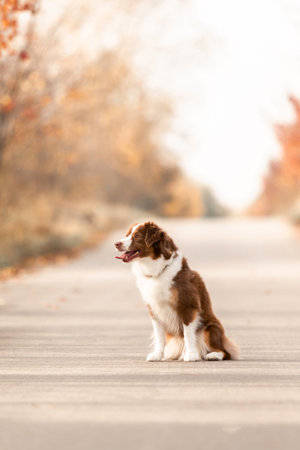 Miniature American Shepherd dog. Australian Shepherd. Fall seasonの写真素材