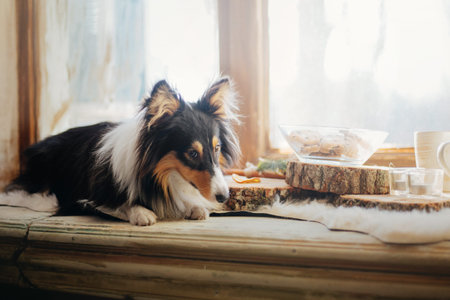 Shetland sheepdog (Sheltie) enjoying a delightful breakfast spread on a wooden plate, complete with coffee, tea, and delicious cakes.の写真素材