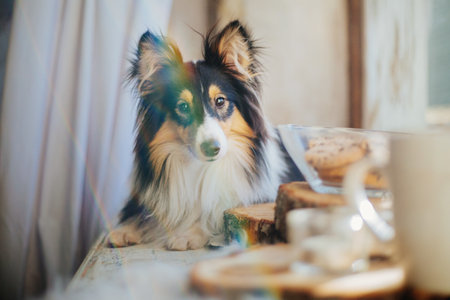 Shetland sheepdog (Sheltie) enjoying a delightful breakfast spread on a wooden plate, complete with coffee, tea, and delicious cakes.の写真素材