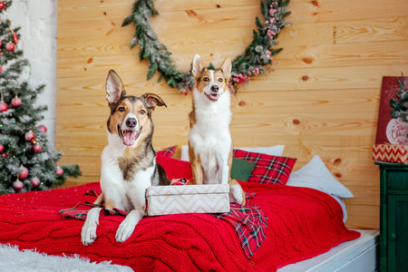 Happy New Year, Christmas holidays and celebration. Dog near the Christmas tree.の写真素材