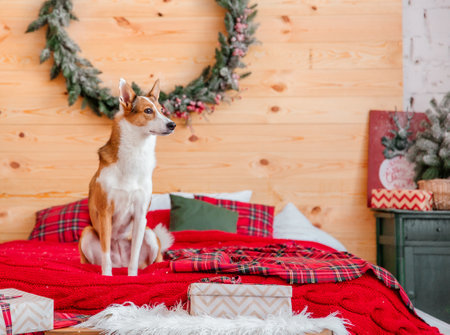 Happy New Year, Christmas holidays and celebration. Dog near the Christmas tree.の写真素材
