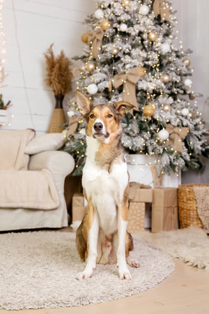 Happy New Year, Christmas holidays and celebration. Dog near the Christmas tree.の写真素材