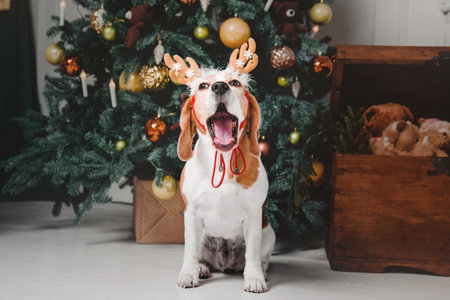 Cute dog with reindeer antlers on background of Christmas tree. Happy New Year, Christmas holidays...