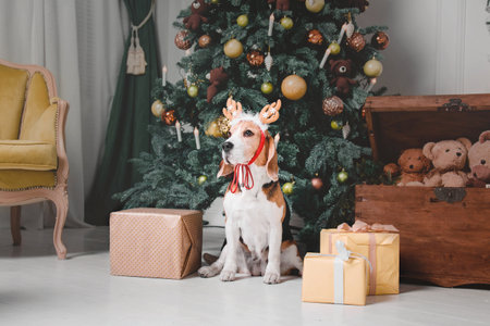 Cute dog with reindeer antlers on background of Christmas tree. Happy New Year, Christmas holidays and celebration. Beagle dogの写真素材
