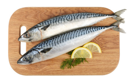 mackerel fish on wooden plate isolatedの写真素材