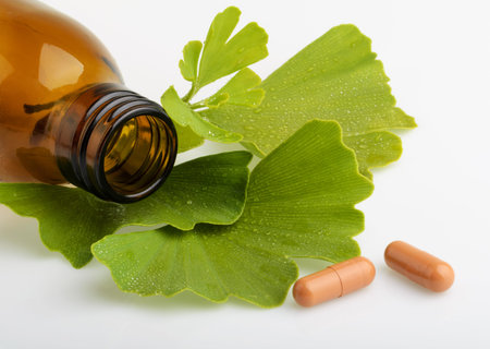 Ginkgo biloba leaves and medicine bottles with pillsの写真素材