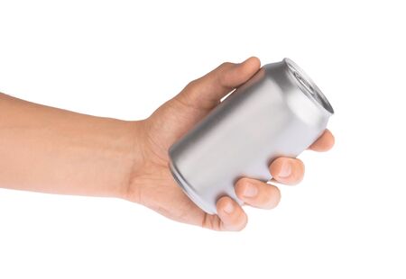 Hand holds metal beverage drink can  on whiteの写真素材