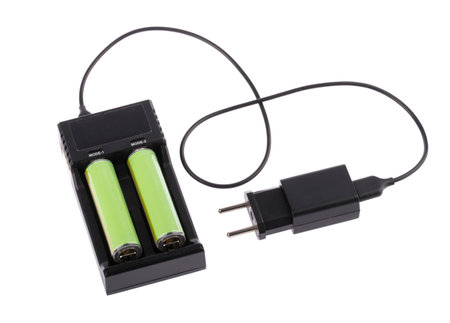 Battery Charger with 3.7V 18650 Lithium Battery Rechargeable isolated on white background without shadowの写真素材
