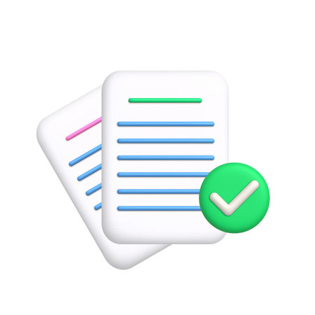 business documents icon. Sheets of paper and check mark. Approved document concept. 3d realistic design element. vector illustration.のイラスト素材