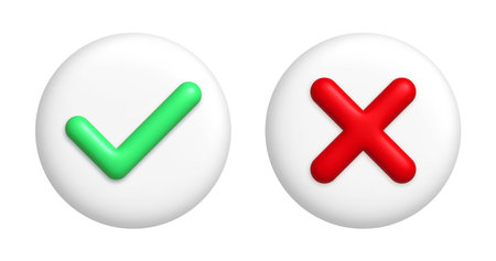 Red cancel cross mark and green checkmark icons on round white buttons. 3d realistic design element. vector illustration.のイラスト素材
