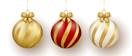 Christmas and New Year decor. Set of gold, white and red glass ornament balls on ribbon with bow. 3d realistic vector illustration isolated on white background.のイラスト素材