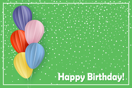 happy birthday. Paper cut style greeting card. Multicolored balloons on a green background. vector illustration.のイラスト素材