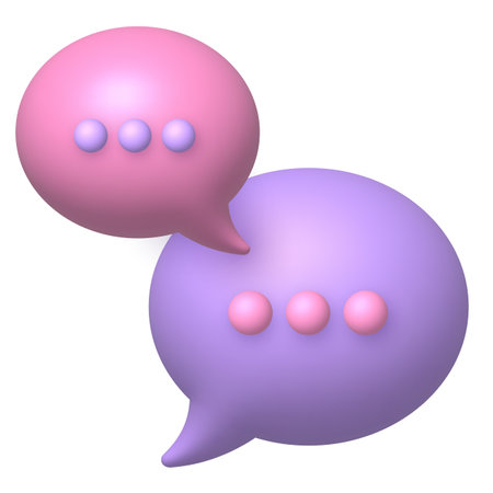 Speech bubble 3D Icon. Pink and purple bubbles with three dots. Realistic vector design element.のイラスト素材
