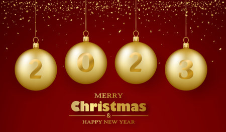Merry Christmas and Happy New Year greeting card 2023. Golden glass balls and confetti. 3d realistic...
