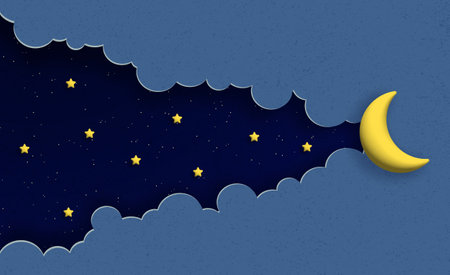 Moon and stars in the night cloudy sky. Vector illustration in paper cut and 3d cartoon style.のイラスト素材