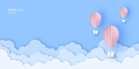 Pink beautiful hot air balloons flying over clouds in the sky. Greeting card, background, banner, tourism concept, poster. Paper cut out art digital craft style. vector illustration.のイラスト素材
