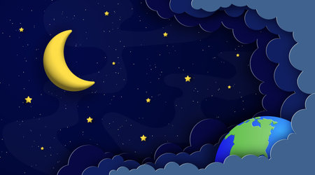 Earth, moon and stars on night cloudy sky background. Vector illustration in paper cut and 3d cartoon style.のイラスト素材