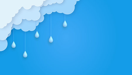 Cute blue sky background with paper cut clouds and 3d rain drops garland. vector illustration.のイラスト素材