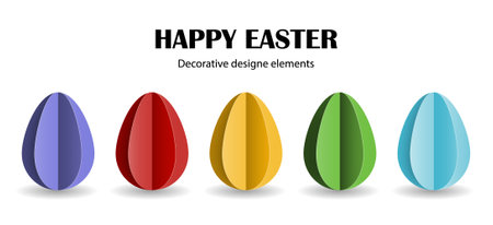 happy easter. Set of colored Easter eggs in cut paper style. Decorative vector design elements isolated on white background.のイラスト素材