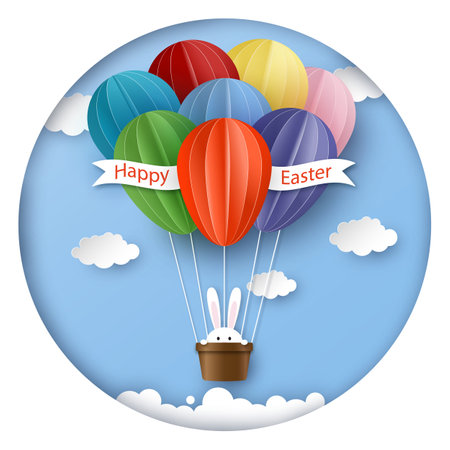 happy easter. Greeting card in paper cut style. Rabbit flies in hot air balloon on blue sky and clouds background. vector illustration.のイラスト素材