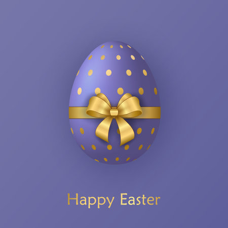 Happy Easter greeting card. 3D Easter egg with golden ribbon and bow. vector illustration.のイラスト素材