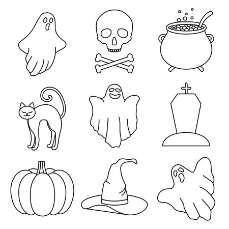 Halloween set of 9 hand drawn elements in doodle style. vector illustration.のイラスト素材