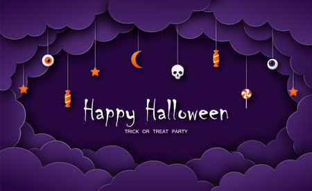Happy Halloween greeting card in paper cut style. Halloween symbols on purple cloudy sky background. vector illustration.のイラスト素材