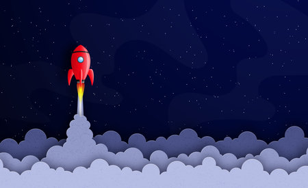 Business start up concept. Spaceship flies in starry space among stars and planets. vector illustration.のイラスト素材
