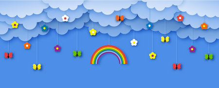 Hello summer abstract web template, sale background banner, botanical poster. Flowers and butterflies on the sky and fluffy clouds background. Vector design template in paper art style.のイラスト素材