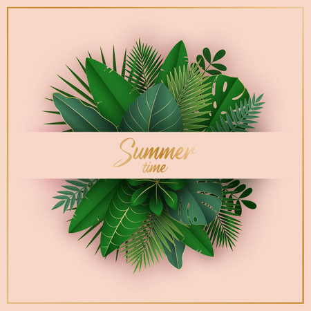 summer time exotic background. Dark green tropical leaves template. Design for sale banner, flyer, invitation, poster, website, label or greeting card. Vector illustration in paper art cut out style.のイラスト素材