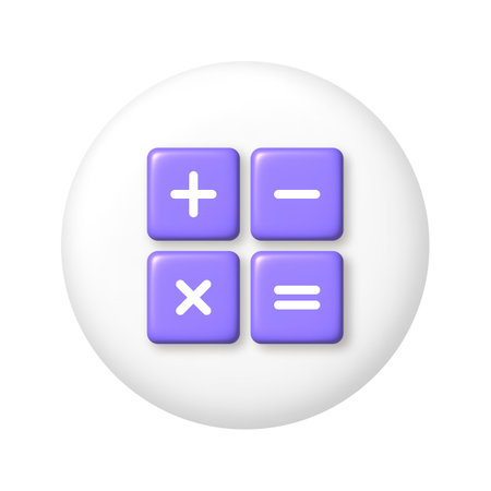 Purple arithmetic icons on white button. 3d cartoon design element. Vector illustration.のイラスト素材