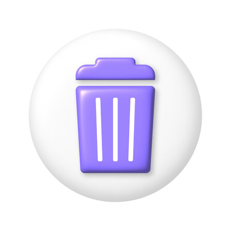 Purple trash can icon on white round buttons. 3d cartoon design element. Vector illustration.のイラスト素材