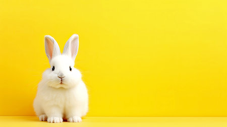 Easter greeting card. Cute white rabbit on a yellow background. Minimalistic banner with copy space. AI generated illustration.の素材