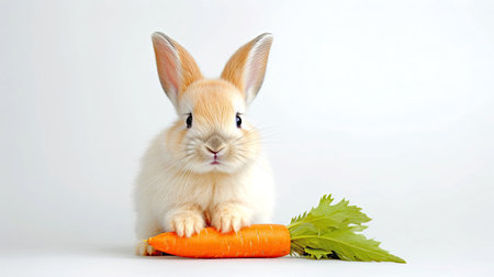 Easter greeting card. Cute fluffy beige rabbit with a carrot on a white background. Minimalistic banner with copy space. AI generated illustration.の素材
