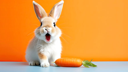 Easter greeting card. Funny rabbit with a carrot on an orange background. Minimalistic banner with copy space. AI generated illustration.の素材
