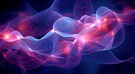 Futuristic glow neural connections wallpaper in blue and pink colors. Abstract 3D background with interconnection of neural cells. AI generated illustration.の素材