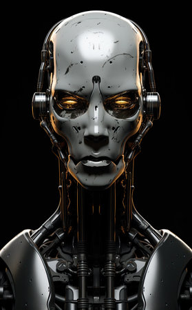 Face portrait of a male robot on a black background. Artificial intelligence and future technology concept. AI generated illustration.の素材