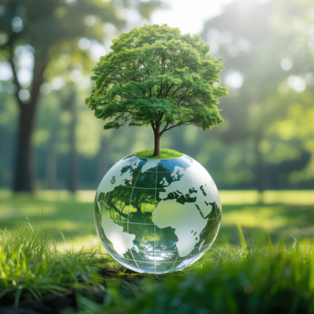 A vibrant green tree sprouts from a crystal globe in a sun-dappled forest clearing.の素材