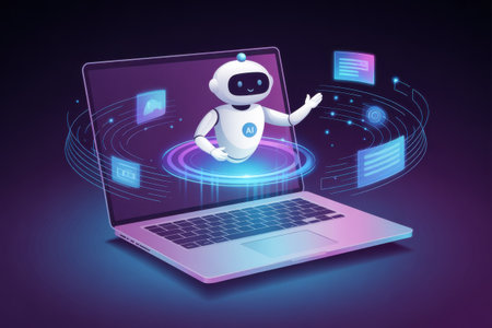 A friendly AI robot emerges from a laptop screen, surrounded by glowing data streams and futuristic interfaces.の素材
