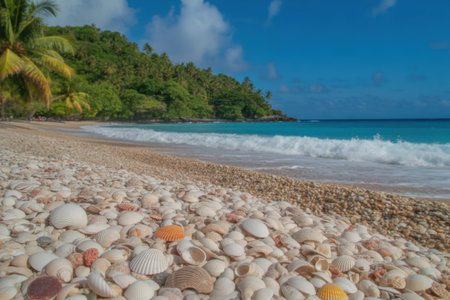 A Tropical Beach Covered in Seashells with Turquoise Wavesの素材