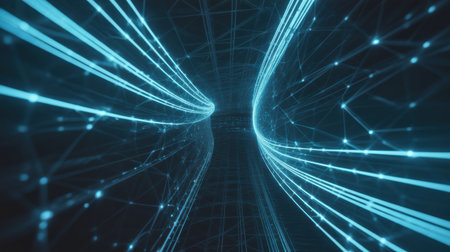 An abstract digital tunnel of glowing blue lines and nodes, representing data flow and network connections.の素材
