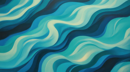 Abstract painting with flowing waves of blue, teal, and light yellow.の素材