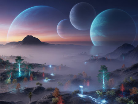 Alien Landscape with Multiple Planets and Glowing Flora at Duskの素材
