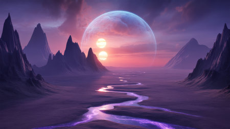 Alien Landscape with Twin Suns and a Giant Moonの素材