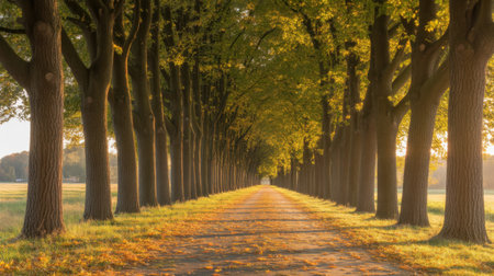 A long, straight path lined with trees in autumn, bathed in warm, golden sunlight.の素材