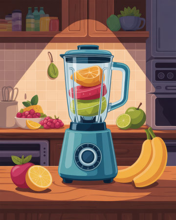A blender filled with colorful fruit sits on a kitchen counter, ready to make a healthy smoothie.の素材